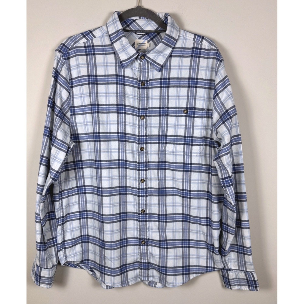 Fair Harbor Dunewood Flannel Shirt Mens Large Blue White Plaid Organic Cotton L
